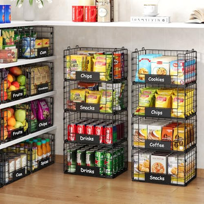 JKsmart 4 Pack XL Stackable Wire Baskets, Pantry Organizers and Storage with Name Plates, Muti-Purpose for Snack Organizer & Vegetable Basket & Fruit Basket - size: XL-12.2"x9.85"x28.65"