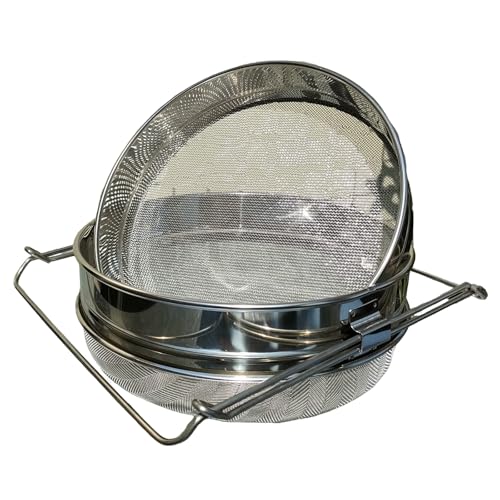 Honey Strainer Double Sieve Stainless Steel for 5 Gallon Bucket | Double sieve honey filter fits 5 gallon buckets, removes wax and debris, with adjustable arms for hands-free harvesting