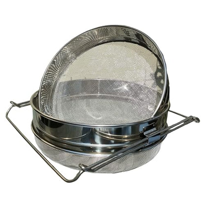 Honey Strainer Double Sieve Stainless Steel for 5 Gallon Bucket | Double sieve honey filter fits 5 gallon buckets, removes wax and debris, with adjustable arms for hands-free harvesting