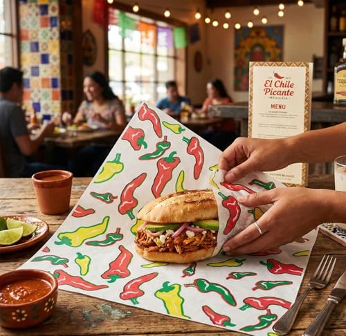 MADE IN USA 1,000 Sheets of Grease-Resistant Food Grade Waxed Kraft Deli Tissue Paper, 12" X 12" (Jalapeno Print) - color: Jalapeno Print