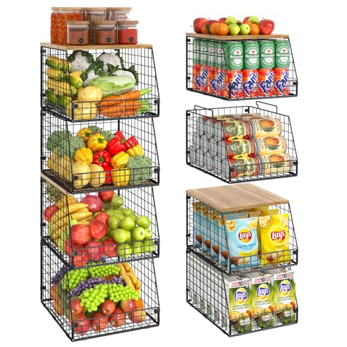 Jakyitvi 4 Pack Stackable Wire Baskets with Fixed Wooden Top, Vegetable Fruit Storage Bins for Onion Potato Snack, Pantry Baskets for Kitchen Cabinet Countertop, Pantry Organizers and Storage Rack - size: 4 Pack with Wooden Top