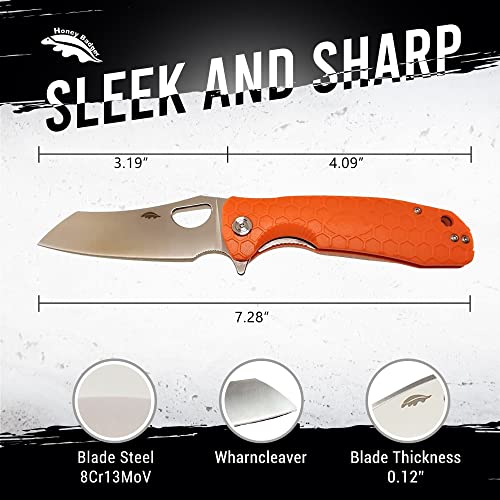Honey Badger Knife - Flipper Wharncleaver Pocket Knife, EDC Hunting with 3.6" Steel Blade, Nylon+Glass Fiber Handle & Reversible Pocket Clip Medium Orange HB1068 - color: Medium Wharncleaver Orange