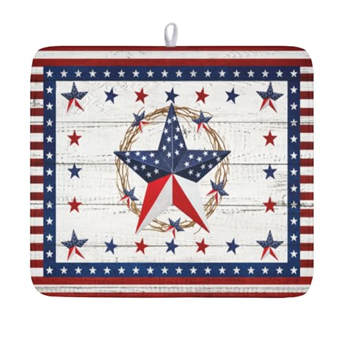 4th of July Patriotic Dish Drying Mat for Kitchen Counter Vintage Red and Blue Star Microfiber Dish Drainer Mat Country Absorbent Washable Drying Pad 16"x18" - color: Patriotic Star, size: 18" x 16"