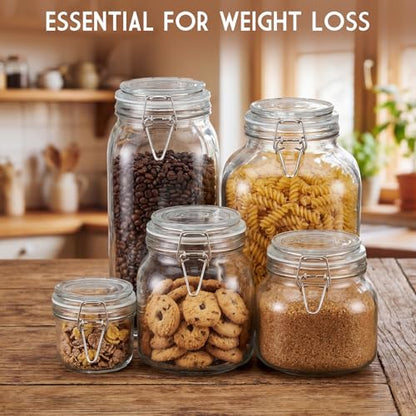 5 Pack Wide Mouth Mason Jars with Clamp Lids, 101oz, 68oz, 34oz, 25oz, and 7oz Glass Jars with Airtight Lids, Kitchen Airtight Food Storage Canister for Pantry Spaghetti, Cereal, Rice, Sugar