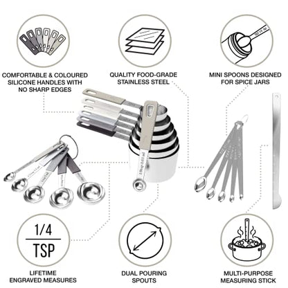CuttleLab 22-Piece Stainless Steel Measuring Cups and Spoons Set, Tad Dash Pinch Smidgen Drop Mini Measuring Spoons, Measuring Stick Leveler, Measurement Conversion Chart Fridge Magnet, (Charcoal) - color: Charcoal