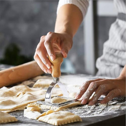 Tiiyee Ravioli Stamp Set, Pasta Cutter Press Dumplings Maker Mold Dough Dumpling Crimper Cookies Making Tool Wooden Handle Fluted Edge Kitchen Attachment Round Square Heart Shape for Lasagna Pierogi