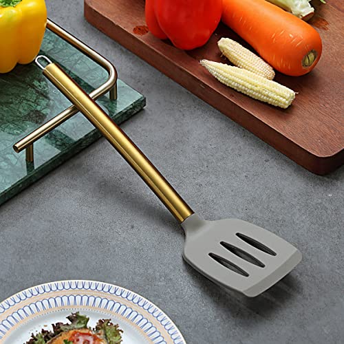 Berglander Non-stick Silicone Slotted Turner with Titanium Gold Plated Handle for Cooking, Dishwasher Safe, Easy to Clean - style: e. Slotted Turner