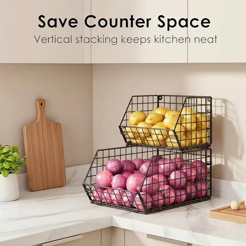 2-Tier Potato and Onion Storage Bin, Stackable Wire Baskets for Countertop | Large Fruit and Vegetable Storage, Wall-Mount Kitchen Pantry Organizer with Ventilated Mesh to Keep Produce Fresh for Cabinet - size: 2-tier Large