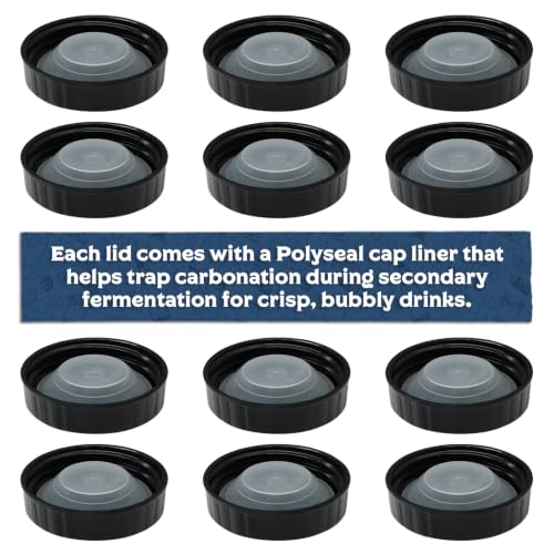 Fermentaholics 38mm Kombucha Airtight Re-usable Secondary Fermentation Lids – Poly Seal Screw Caps for 38mm Store-Bought Kombucha Bottles, Growlers, Homebrew, Mead, Cider, Water Kefir, Black (8)