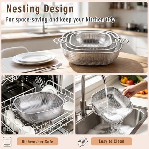 P&P CHEF Stainless Steel Colander Set, Strainers and Colanders for Kitchen | 3 Pcs Square Metal Colander Set, For Washing Draining Rinsing Spaghetti Fruit Food, Dishwasher Safe & Healthy, 2.4 / 4 / 6 Qt
