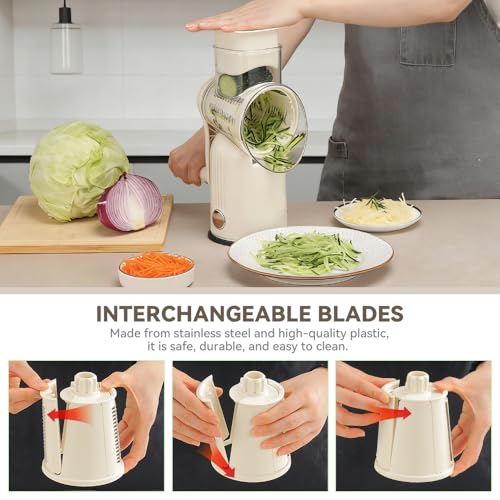 KEOUKE Rotary Cheese Grater 5 in 1 White - Hand Crank Vegetable Cutter, Shredder, Slicer, Enlarge Input, Suction Base, Labor-Saving Handle, Blade Storage Box, for Onion, Potato, Vegetable, Nuts, etc - color: White