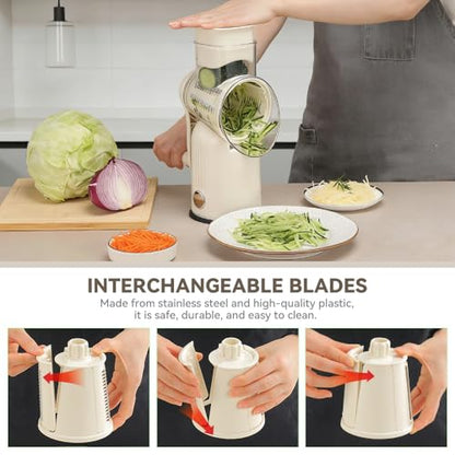 KEOUKE Rotary Cheese Grater 5 in 1 White - Hand Crank Vegetable Cutter, Shredder, Slicer, Enlarge Input, Suction Base, Labor-Saving Handle, Blade Storage Box, for Onion, Potato, Vegetable, Nuts, etc - color: White