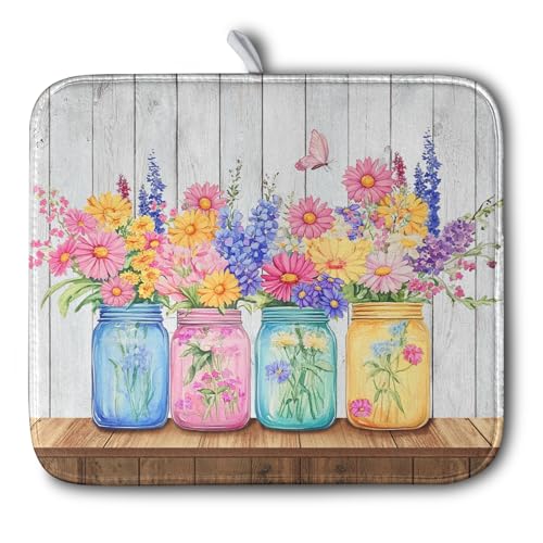 Daisy Dish Drying Mat for Kitchen Counter Spring Summer Flowers Vases Dishes Pad Microfiber Absorbent Dish Draining Mats Rustic Farmhouse Floral Wooden Board Dish Drainer Rack Mat 16x18 Inch - size: 16" x 18"