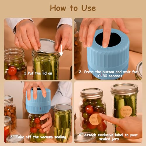 HTPOW Mason Jar Vacuum Sealer, Auto Sealing for Regular and Wide Mouth Jars | Meal prep, food storage, one-touch operation, regular and wide mouth jars, 1300mAh battery, reusable lids - color: Blue