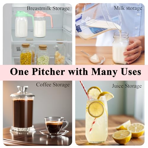 Mason Jar Pitcher, 32 oz Glass Milk Pitcher, Wide Mouth & Leakproof Glass Pitcher with Lid for milk, Sun Tea, Juice, Cold Brew Coffee and Drinks - color: Pink
