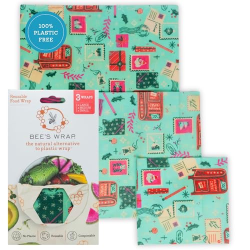 Bee's Wrap Beeswax Wraps for Food - 3 Pack of Assorted Beeswax Wraps - Small, Medium & Large Wrap - Plastic Free Made in USA Reusable Natural Food Wrap - Season's Greetings Print - style: 3 Pack (Season's Greetings)