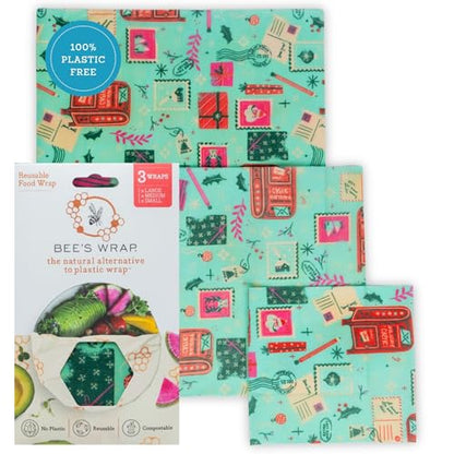 Bee's Wrap Beeswax Wraps for Food - 3 Pack of Assorted Beeswax Wraps - Small, Medium & Large Wrap - Plastic Free Made in USA Reusable Natural Food Wrap - Season's Greetings Print - style: 3 Pack (Season's Greetings)