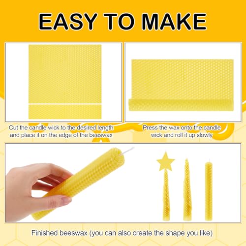 Moinchore 24 Pcs Beeswax Making Kit, 8 x 8 Inch Vibrant Colors Beeswax Sheet for Making with 1 Roll Cotton Wick, DIY Craft Rolling Supplies for Christmas Handmade Crafts Gift(Yellow)