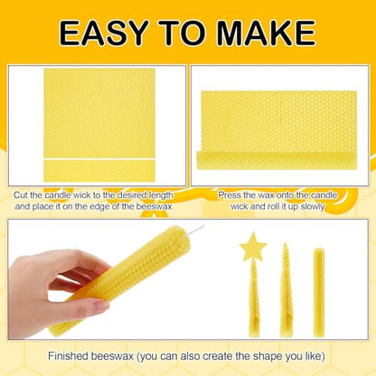 Moinchore 24 Pcs Beeswax Making Kit, 8 x 8 Inch Vibrant Colors Beeswax Sheet for Making with 1 Roll Cotton Wick, DIY Craft Rolling Supplies for Christmas Handmade Crafts Gift(Yellow)