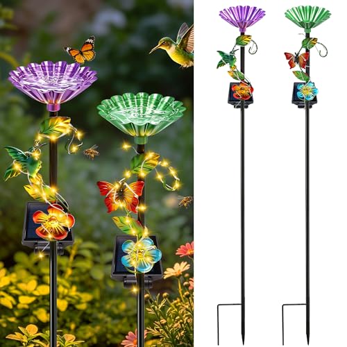 VOOKRY Solar Outdoor Garden Decor Lights & bee/Bird/Butterfly Water Station | Both functions of garden decor and water supply.Waterproof decor for Patio Lawn Yard,Gift for Women Mom(2Pack bird Butterfly) - size: 2 Pack Hummingbird butterfly Mixed loading