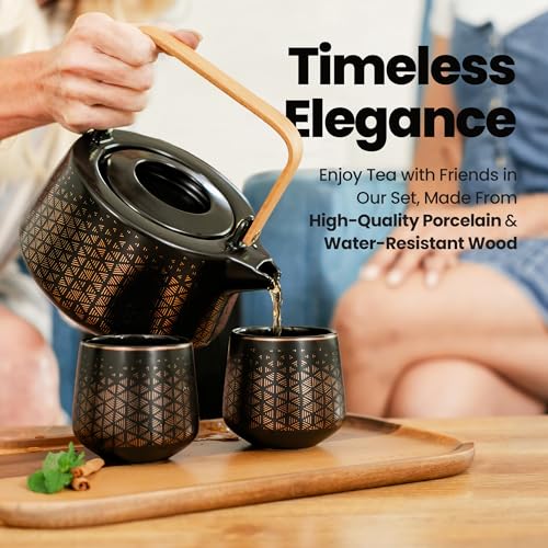 Viante Luxury Tea Set, Electric Kettle With Infuser, Gift for Tea Lovers | Borosilicate glass body plus ceramic teapot, 4 ceramic cups & bamboo tray. No plastic ever touches your water - style: Black with Tea Set