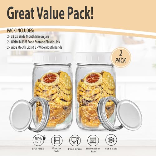 Wide Mouth Mason Jars 32 oz - (2 Pack) - Wide Mouth 32-Ounces Quart Mason Jars with White M.E.M Food Storage Plastic Lids - For Storage, Canning, Freezing, Leak Proof, Microwave & Diswasher Safe