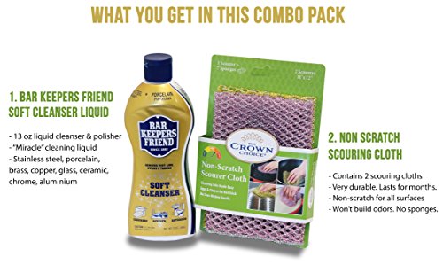 BAR KEEPERS FRIEND Soft Cleanser Liquid (13 OZ) and Non Scratch Scouring Scrubber Kit | Multipurpose, Stainless Steel, Rust, Soft Cleaner with Heavy Duty Non Scratch DishCloth