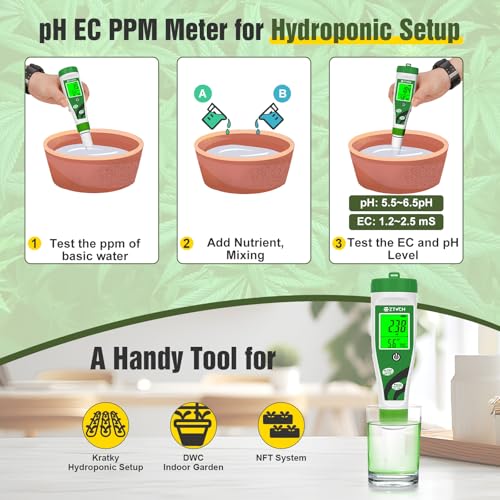 Hydroponic pH EC Meter, Water pH TDS PPM Meter with Simultaneous Display for Reservoir Nutrient Solution, pH EC Meter for Water Hydroponic DWC System Setup, Measure Conductivity for Aquaponics