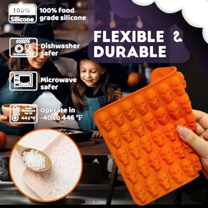 Mini Skull Molds Silicone Halloween for Candy Gummy Chocolate, 200 Cavity 4 pcs Small Head Shapes Freezing Tray Party Wax Melts DIY Moulds BPA Free Treat or Trick Kids Oven Safe - style: Mini Skull - 4PCS