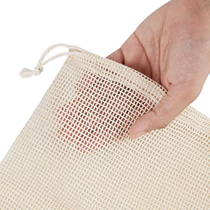 PALTERWEAR 100 Percent Natural Cotton Double Drawstring Mesh Bag For Herbs, Nuts, Fruit, Vegetables (8 x 10 Inch - Set of 5) - size: 8 x 10 Inch - Set of 5