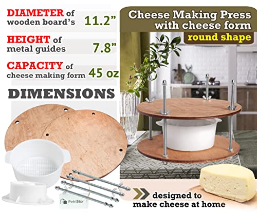 Wooden Cheese Press for Cheese Making Supplies Diameter 11 in Metal Guides Walnut and Cheese Mold with Follower Piston 1.3 Qt - Small Home Supply Ultimate Cheese Press Machine - Prensa Para Queso