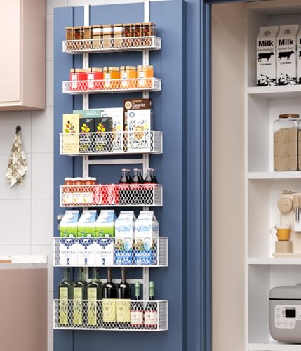 6-Tier Over The Door Pantry Organizer,Hanging Spice Rack,Grid Basket,White | Height Adjustable,Large Capacity,Grid Base for Stable Stoage,For Pantry Door,Laundry Room,Bathroom,Kitchen,D5.3xW15.7xH60.9in - color: Pure White, size: 6 Pack