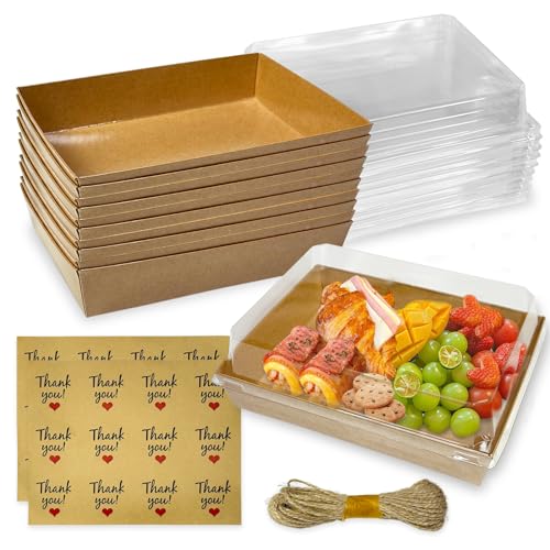 50 Pack 7x5 Inches Charcuterie Boxes with Clear Lids, Paper Bakery Boxes with Window Take Out Containers for Salads, Strawberries, Cookies and Treats (Brown)