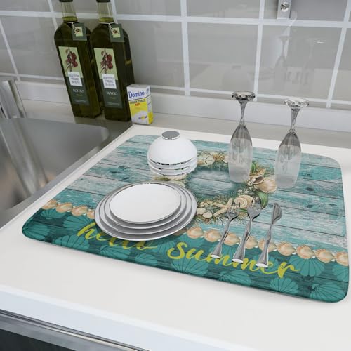 Hello Summer Dish Drying Mat for Kitchen Counter,Sea Shell Starfish Coastal Wreath Drying Mat 18 x 24 Inch with Absorbent Reversible Microfiber Drying Pad for Coffee Bar - size: 18" x 24"