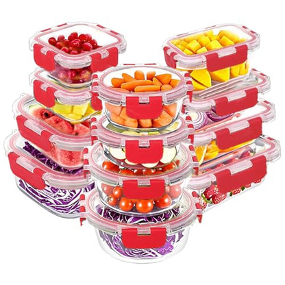 VERONES 12 Packs Glass Food Storage Containers Set, Airtight Glass Lunch Containers, Glass Meal Prep Containers with Lids,Exclusive of BPA, for Microwave, Oven, Freezer & Dishwasher Friendly,Red - color: Red-24