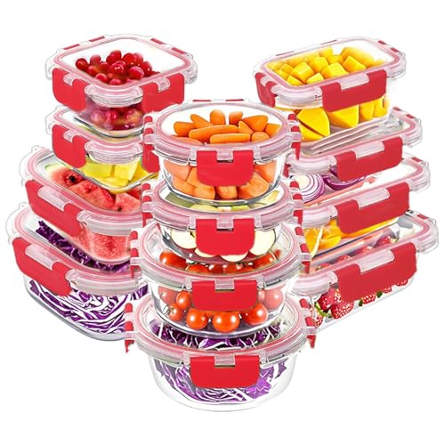 VERONES 12 Packs Glass Food Storage Containers Set, Airtight Glass Lunch Containers, Glass Meal Prep Containers with Lids,Exclusive of BPA, for Microwave, Oven, Freezer & Dishwasher Friendly,Red - color: Red-24