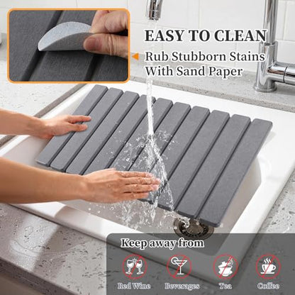 Diatomaceous Stone Drying Mat for Kitchen Counter with Sink Faucet Mat, Gray Absorbent Quick Dry Dish Drying Mat Set, Diatomite Stone Slat Countertop Pad for Dishes, Cups - color: Gray