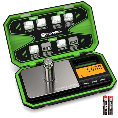 UNIWEIGH Digital Pocket Scale 200g/0.01g, Digital Scale Grams Precision | Jewelry Scale,Coins Scale with 50g Cal Weights for Powder,small items,Tea,Jewelry,Coins (Battery Included)-Fluorescent Green - color: Fluorescent Green