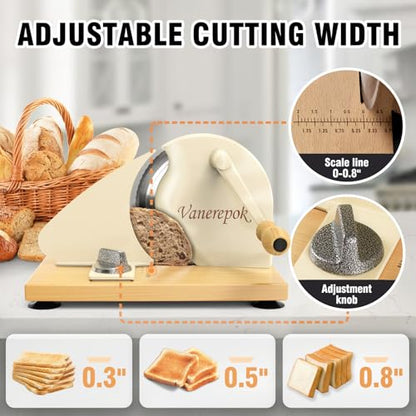 vanerepok Manual Bread Slicer Adjustable Thickness for Homemade Sourdough | Hand Crank Bread Cutter with Scale & Stable Suction Cups & Wood Base for Even Slicing Perfect Baking Gift for Home Bakers - color: White
