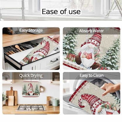 Christmas Dish Drying Mat for Kitchen Counter, Microfiber Rack Pads, Southwestern Xmas Gnomes Tree Winter Snowflake Absorbent Dish Bottle Drying Mat, 18''x24'', 2 Pack - size: 2PCS-18x24in