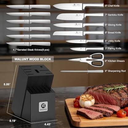 imarku 15-Piece Knife Block Set Built-in Sharpener, Japanese High Carbon Stainless Steel Kitchen Knife Set, Dishwasher Safe, Chef Knife Set with Wooden Knife Block, Santoku Knive for Kitchen Cooking - color: Black