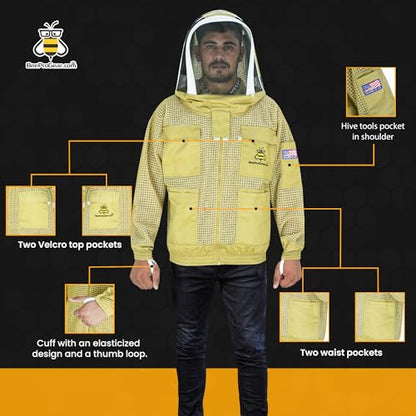 3-Layer Ventilated Mesh Bee Jacket for Men & Women with Veils Sting-Proof Beekeeping Jacket with Leather Gloves & Bag - color: Brown Fencing Veil, size: Small