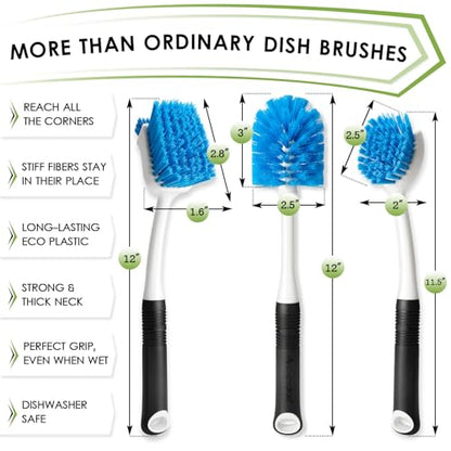 MOSOLAN Dish Brush Set of 3 with Water Bottle Brush, Dish Scrub Brush and Scrubber Brush, Long Handle Kitchen Scrub Brushes for Dishes, Bottles, Cups, Pots, Pans and Sinks, Round Head - style: Round Head