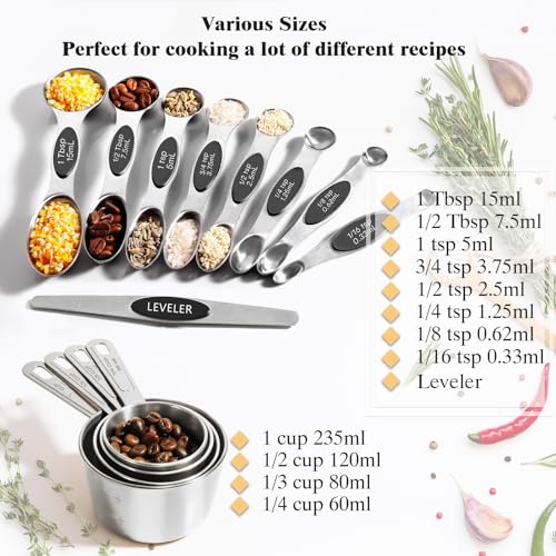 13pcs Stainless Steel Measuring Cups and Spoons Set, 8 Double-Sided Magnetic Measuring Spoons Set & 4 Metal Measuring Cups & 1 Leveler for Kitchen Dry & Liquid Cooking Baking - color: Silver