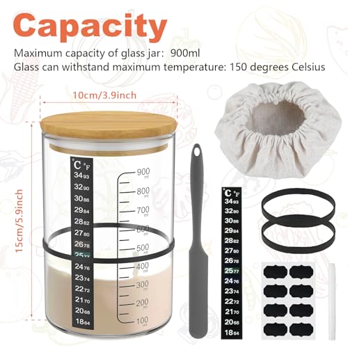 30oz/900ml Wide Mouth Glass Sourdough Starter Jar Kit, Fermentation Container with Lid Spatula Temp Strip & Marking Tape, Complete Bread Baking Supply Set