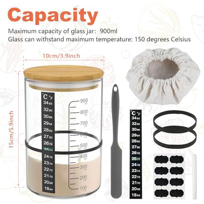9Pcs Sourdough Starter Jar Kit 900ML Large Capacity Sourdough Starter Container with Lid Spatula Marking Tape and Temperature Paper Reusable Wide Mouth Glass Sourdough Fermentation Jar for Baking