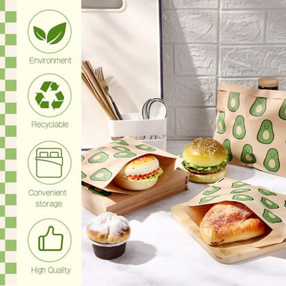 Epakh 200 Pack Paper Sandwich Bags Avocado Design 8 × 8 Inch Happy Food Storage Recyclable Grease Resistant Disposable Snack Bags for Family Home Use - style: Avocado