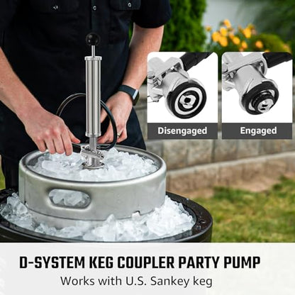8” Keg Tap Beer Keg Party Pump, D System Beer Taps for Kegs, Kegerator Tap Stainless Steel Probe Coupler with Beer Line Faucet Hose Clamps for Homebrew