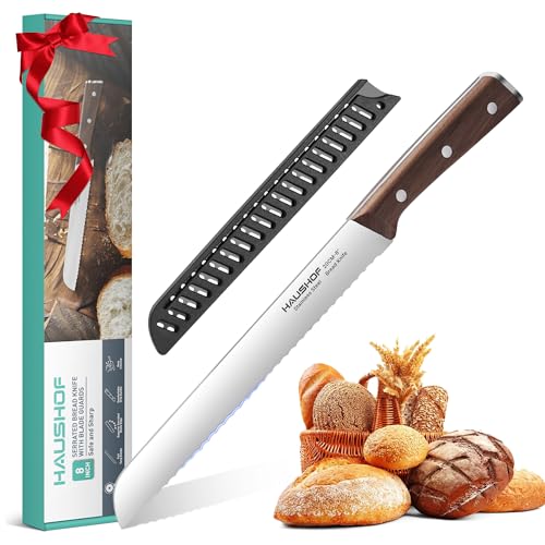 HAUSHOF Bread Knife with Sheath, 8-Inch Serrated Bread Knife for Homemade Bread, 5Cr15Mov Premium Stainless Steel Bread Cutter with Gift Box for Mom Dad, Full Tang and Ergonomic Handle - size: 8"