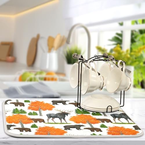 Bear Moose Trees Dish Drying Mat for Kitchen Counter Super Absorbent Draining Mat with Non-slip Backed Sink Tray Mat for Countertops Sinks Draining Racks Dish Bottles Cups Bowl